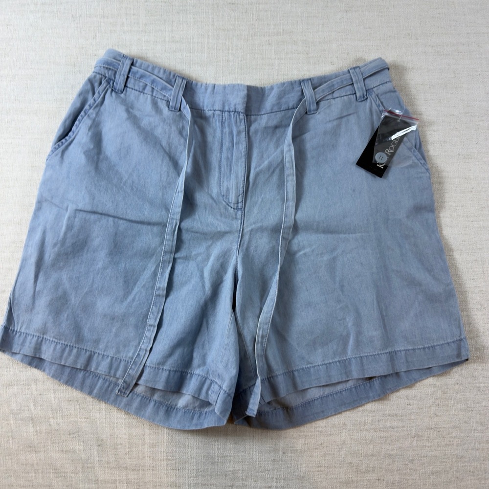 NWT Kim Rogers Womens Light Blue Chambray Shorts Size 10 Elastic Back Tie Waist